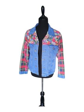 Vintage STEEL Jeans Patchwork Denim Jacket Floral Plaid USA Made Medium